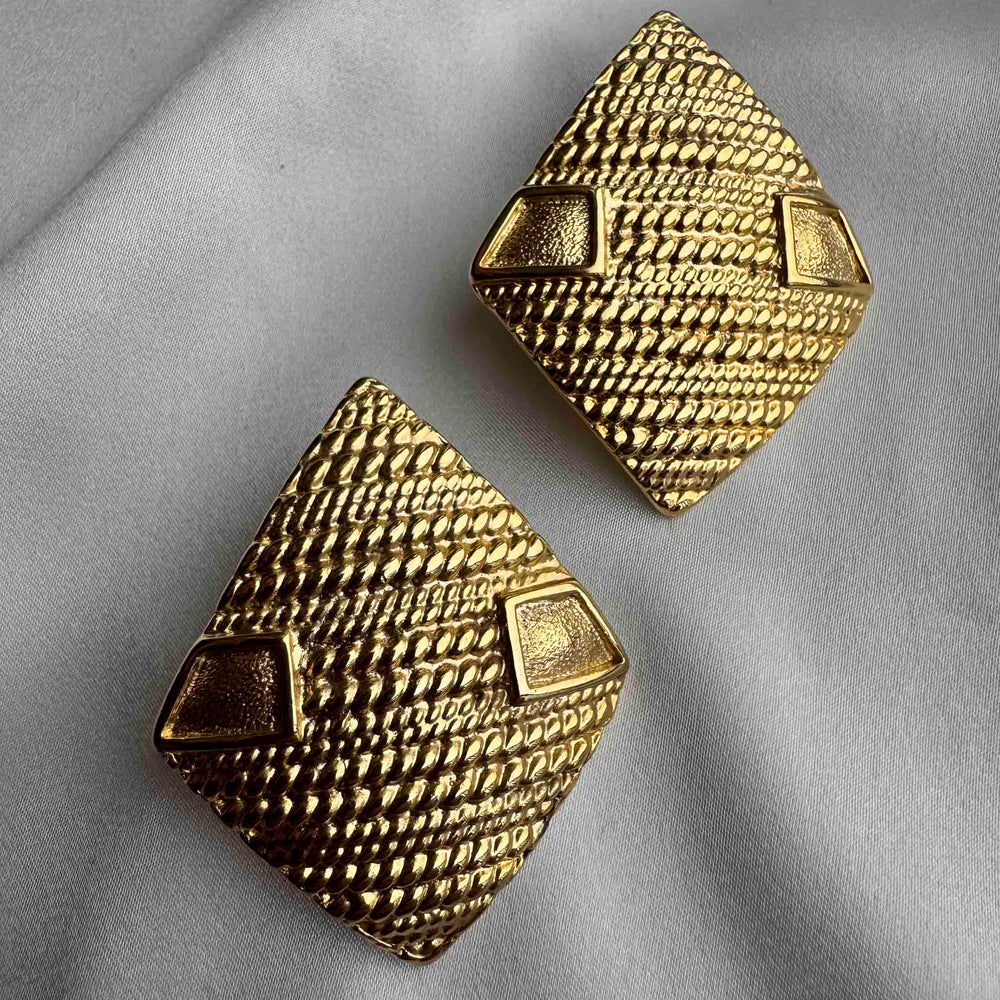 
                      
                        Vintage Textured Gold Statement Earrings – Bold Geometric Design
                      
                    