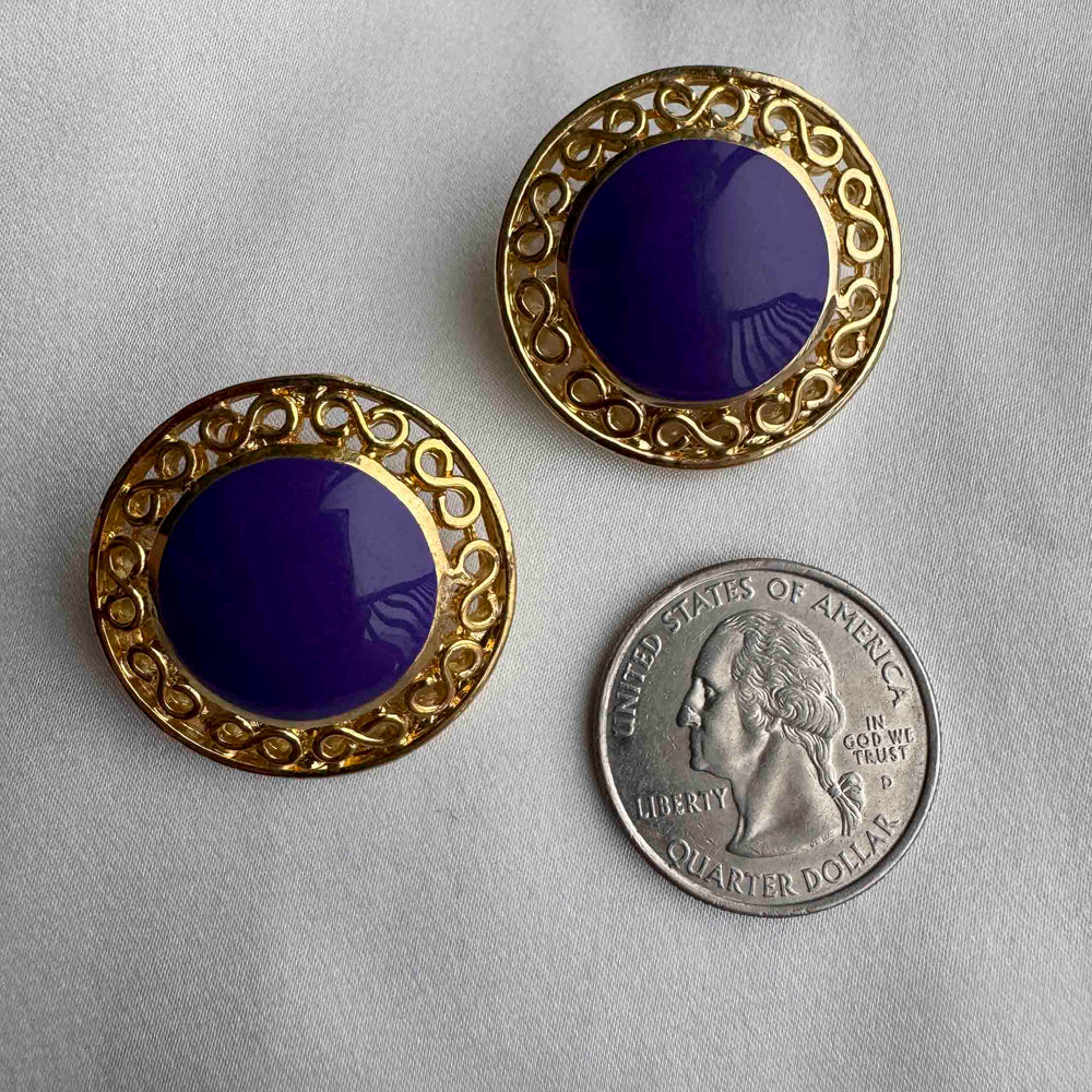 Vintage Purple Enamel & Gold Filigree Post Earrings