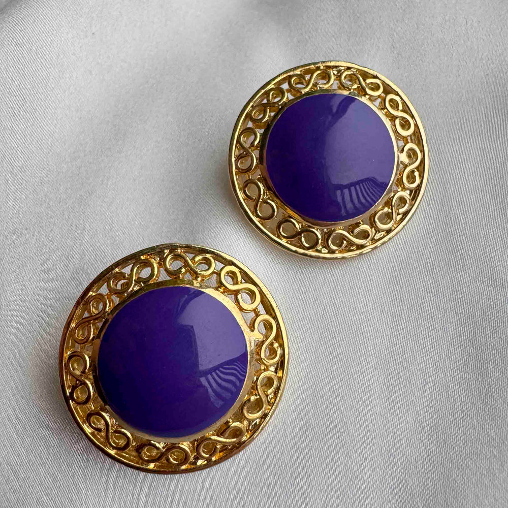 Vintage Purple Enamel & Gold Filigree Post Earrings