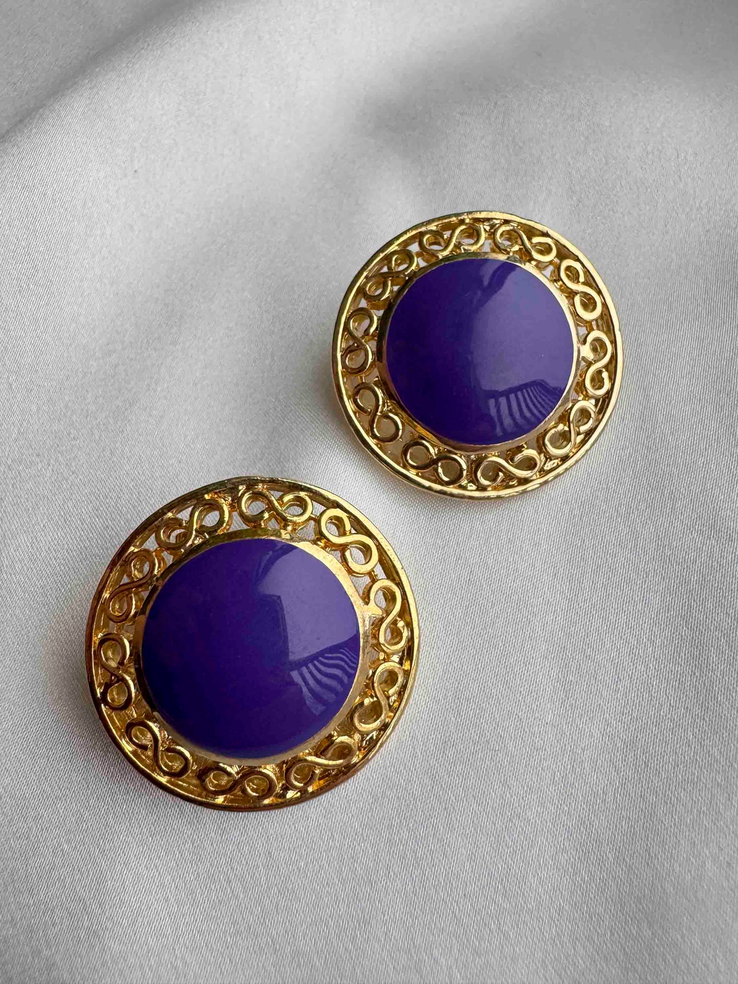 Vintage Purple Enamel & Gold Filigree Post Earrings