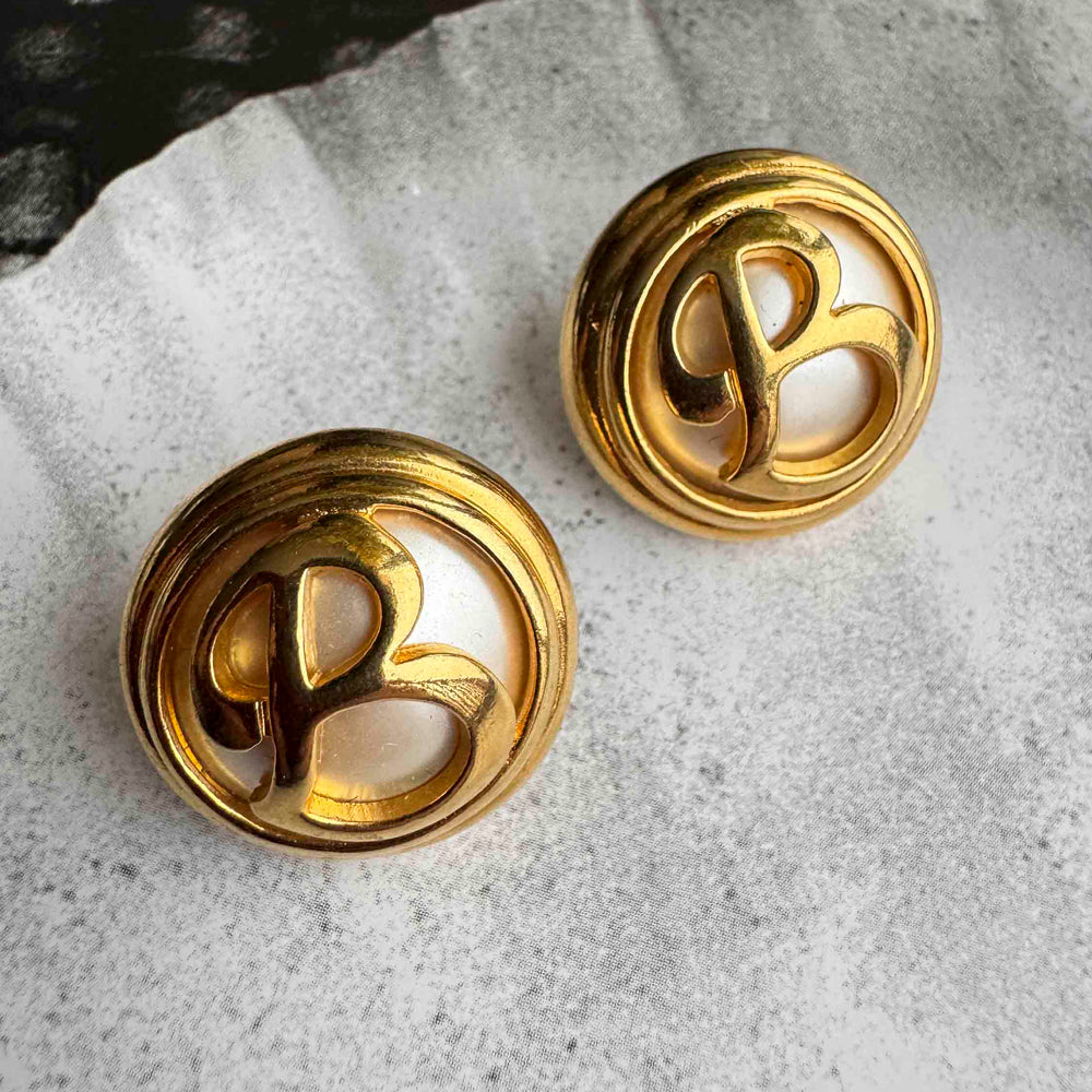 Vintage Monogrammed Gold & Pearl Earrings – Statement Elegance