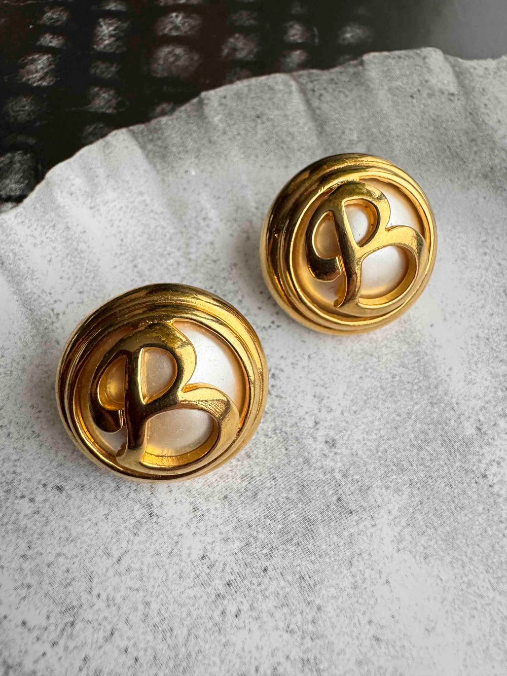 Vintage Monogrammed Gold & Pearl Earrings – Statement Elegance