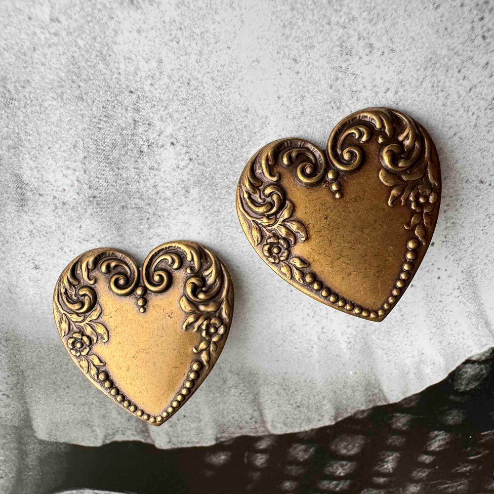 Vintage Ornate Heart Earrings – Aged Brass Finish