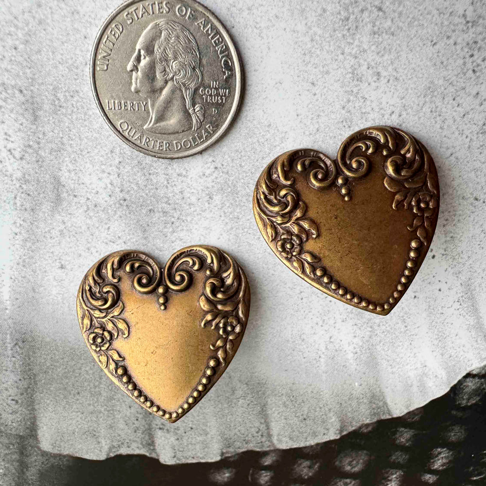 Vintage Ornate Heart Earrings – Aged Brass Finish