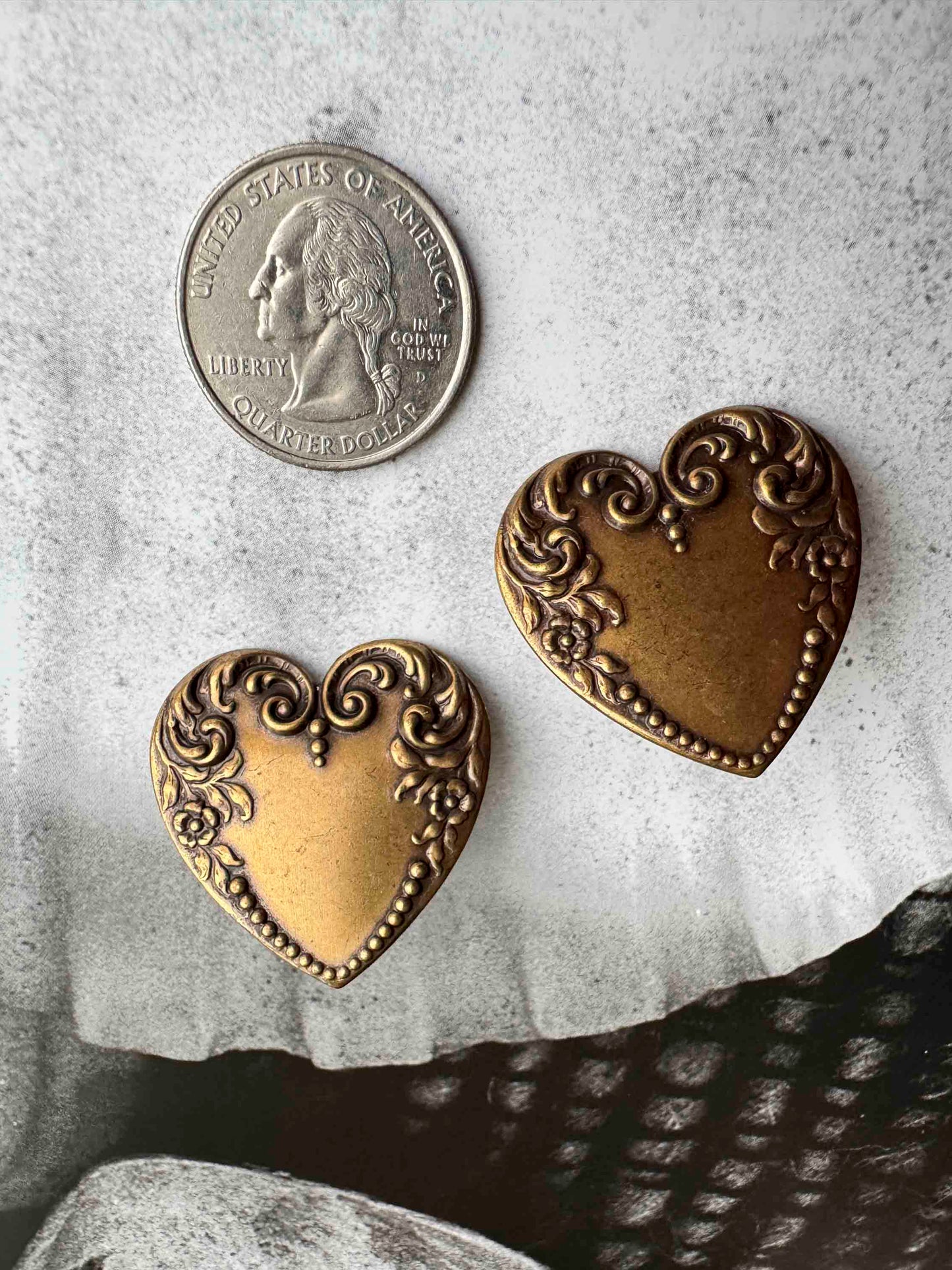 Vintage Ornate Heart Earrings – Aged Brass Finish