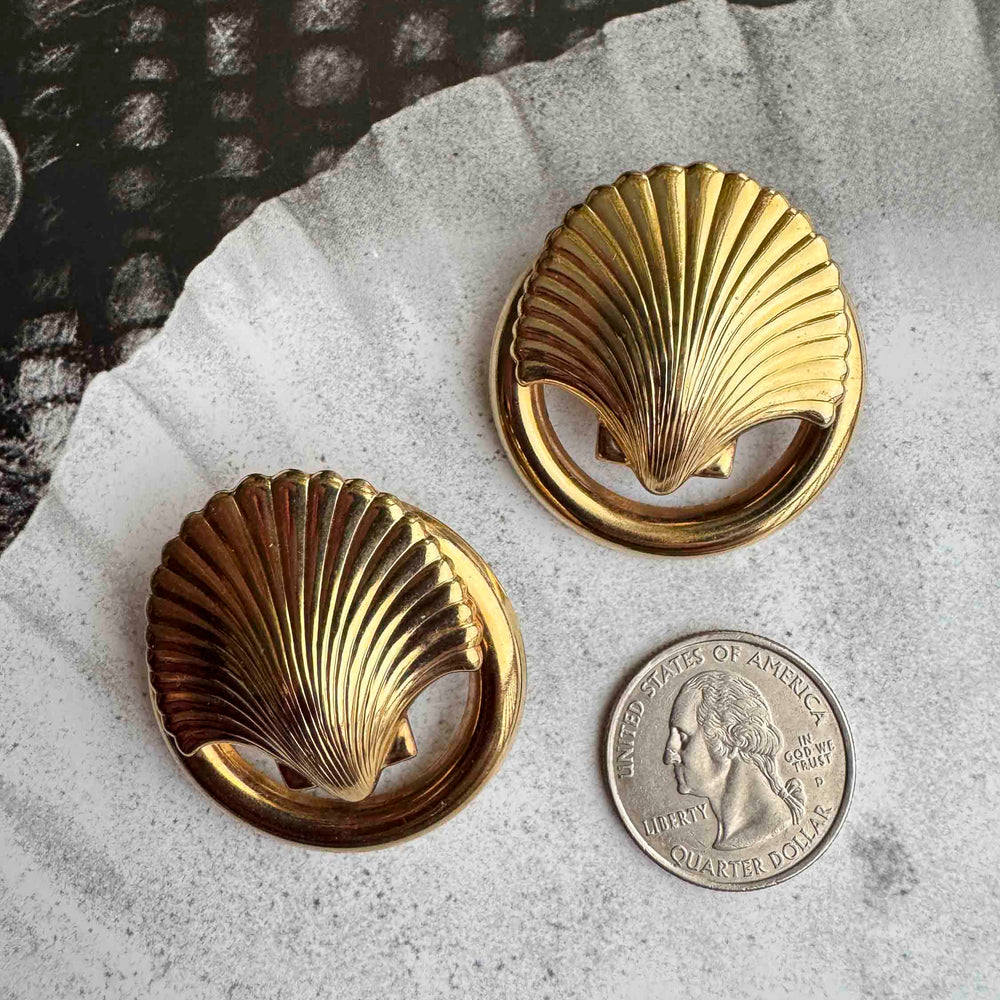 Vintage Gold Shell Earrings – Nautical Art Deco