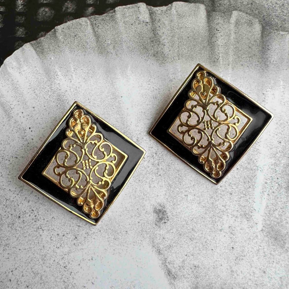 Vintage Art Deco Black & Gold Filigree Statement Earrings