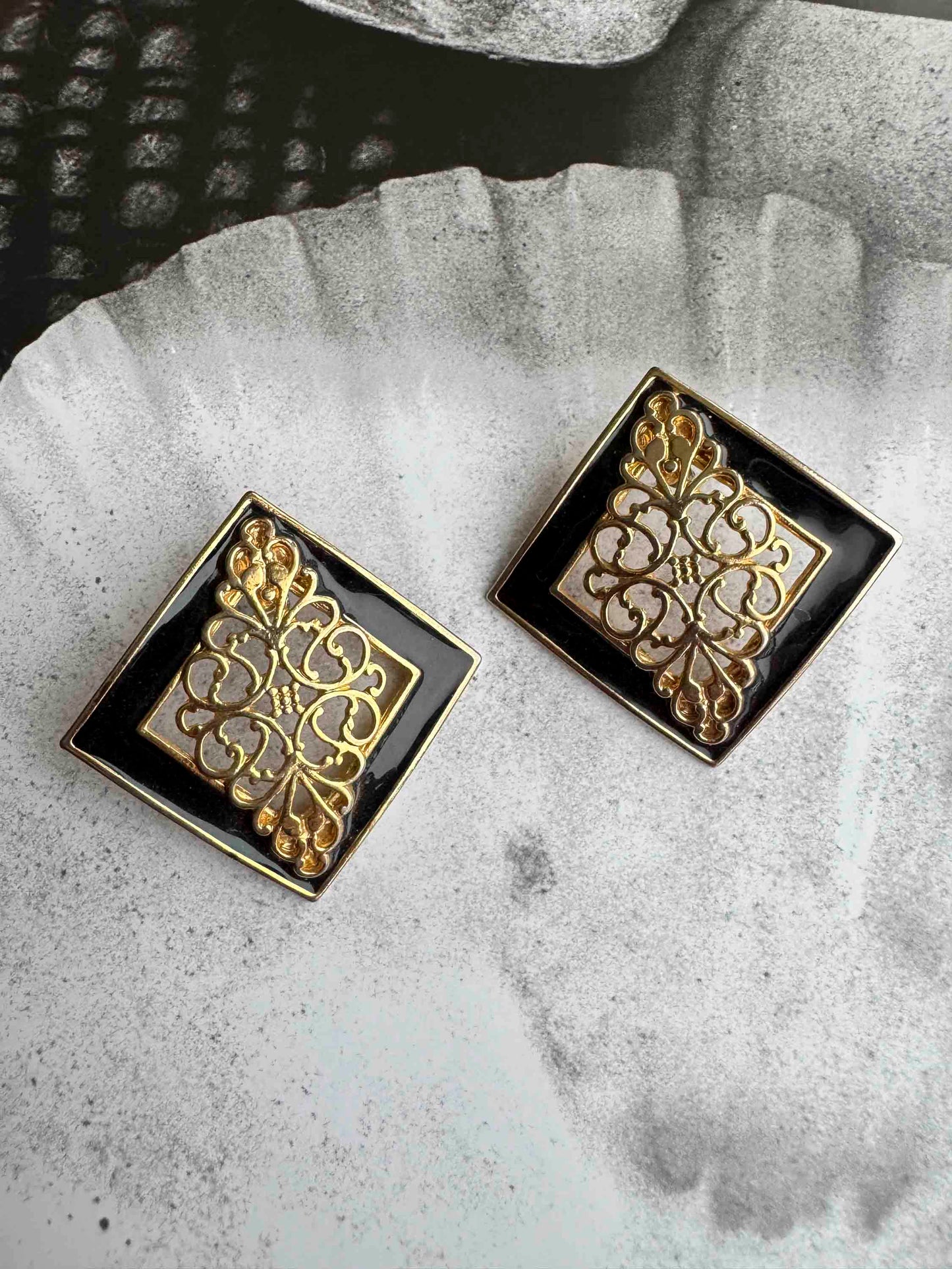 Vintage Art Deco Black & Gold Filigree Statement Earrings