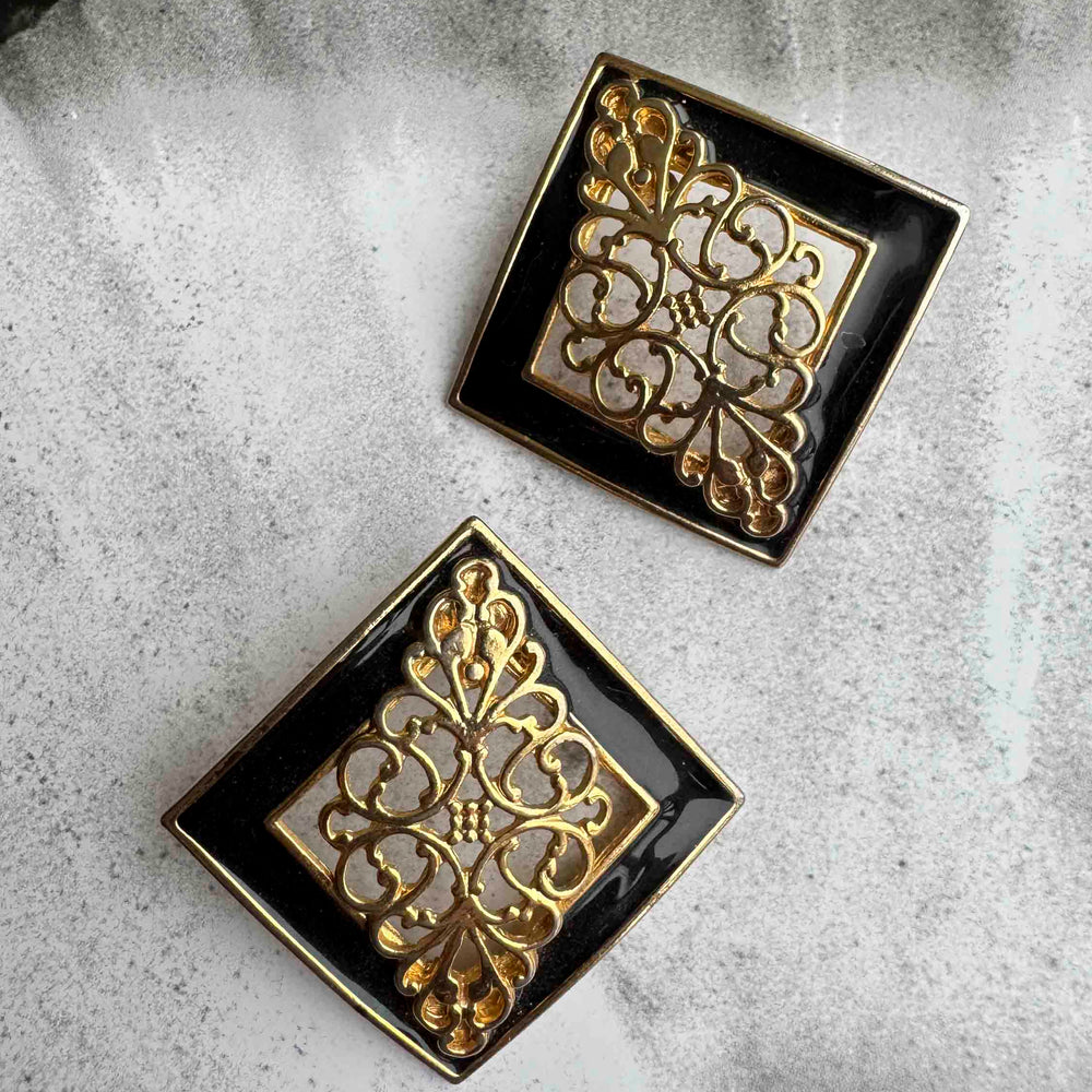 
                      
                        Vintage Art Deco Black & Gold Filigree Statement Earrings
                      
                    