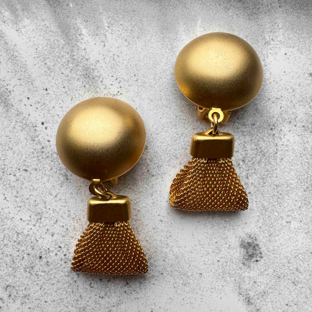 Vintage Gold Mesh Tassel Clip-On Earrings – Bold Statement