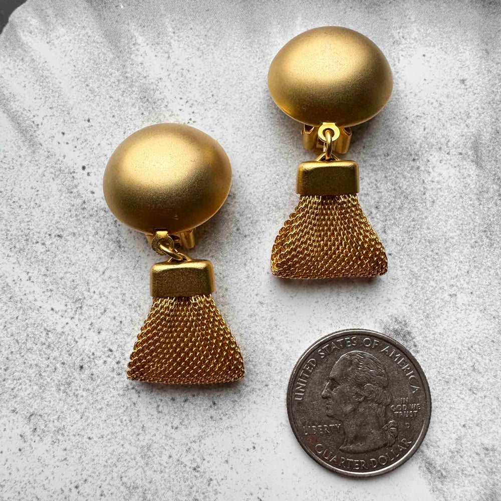 Vintage Gold Mesh Tassel Clip-On Earrings – Bold Statement