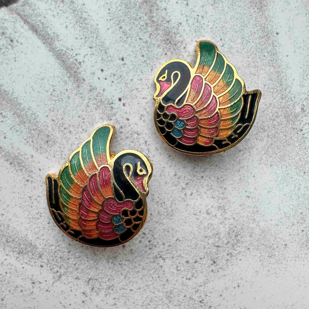 Vintage Cloisonné Swan Clip-On Earrings – Colorful Elegance