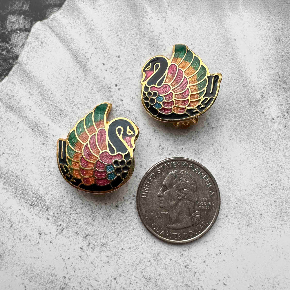 Vintage Cloisonné Swan Clip-On Earrings – Colorful Elegance