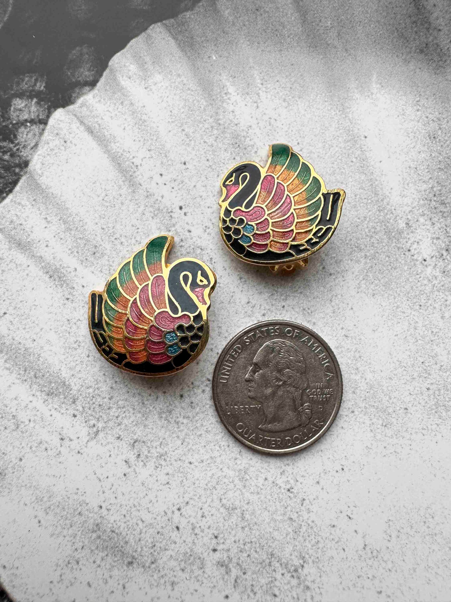 Vintage Cloisonné Swan Clip-On Earrings – Colorful Elegance