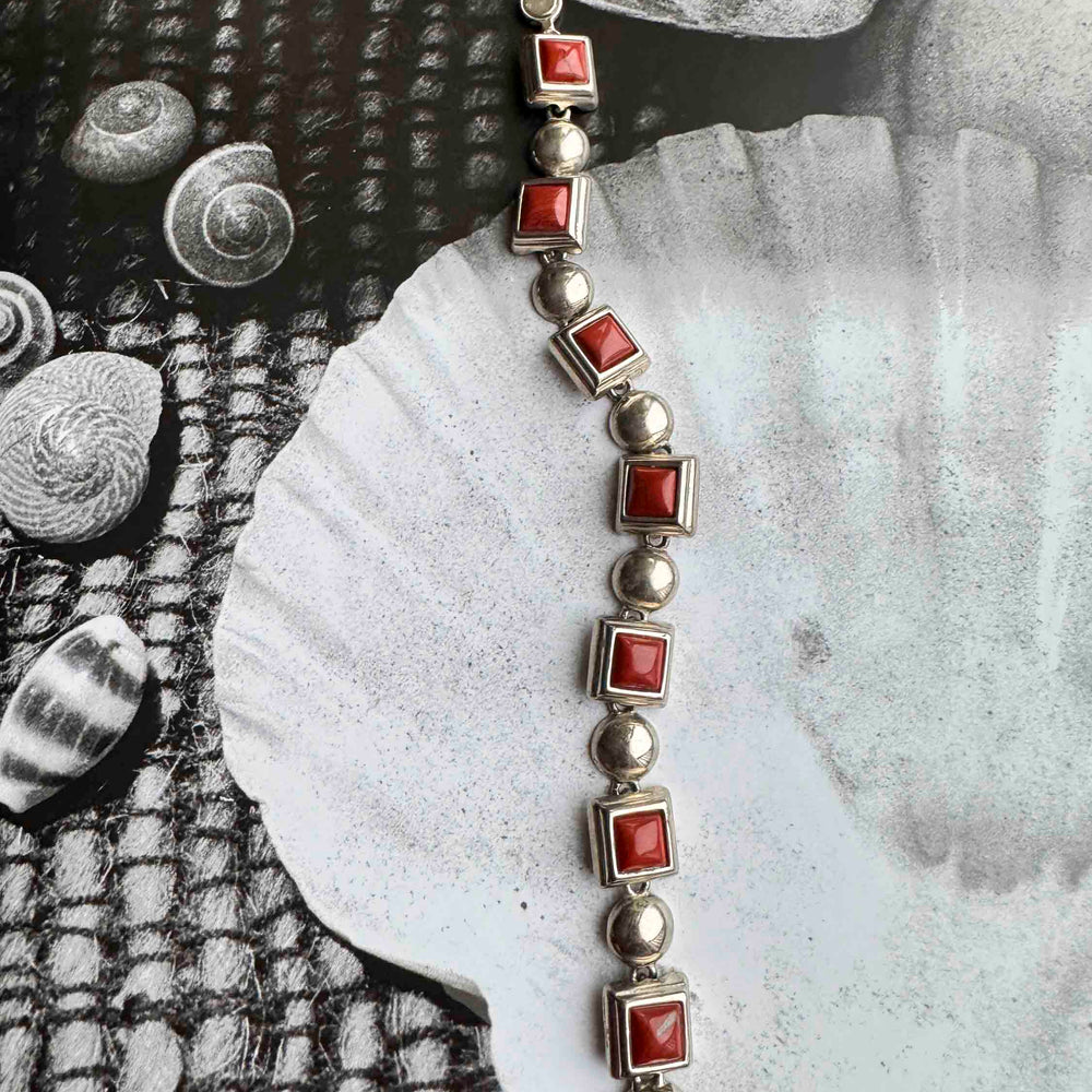 Vintage Sterling Silver & Red Coral Panel Bracelet