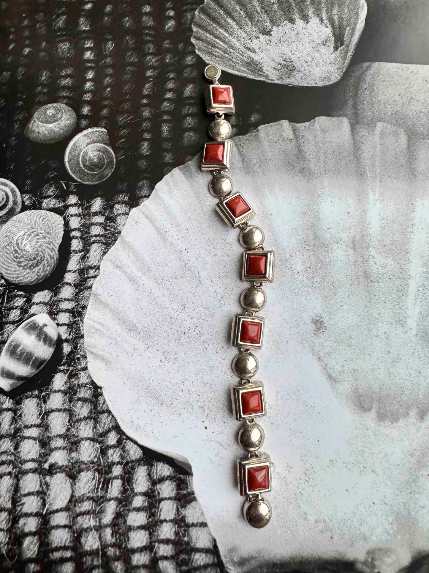 Vintage Sterling Silver & Red Coral Panel Bracelet