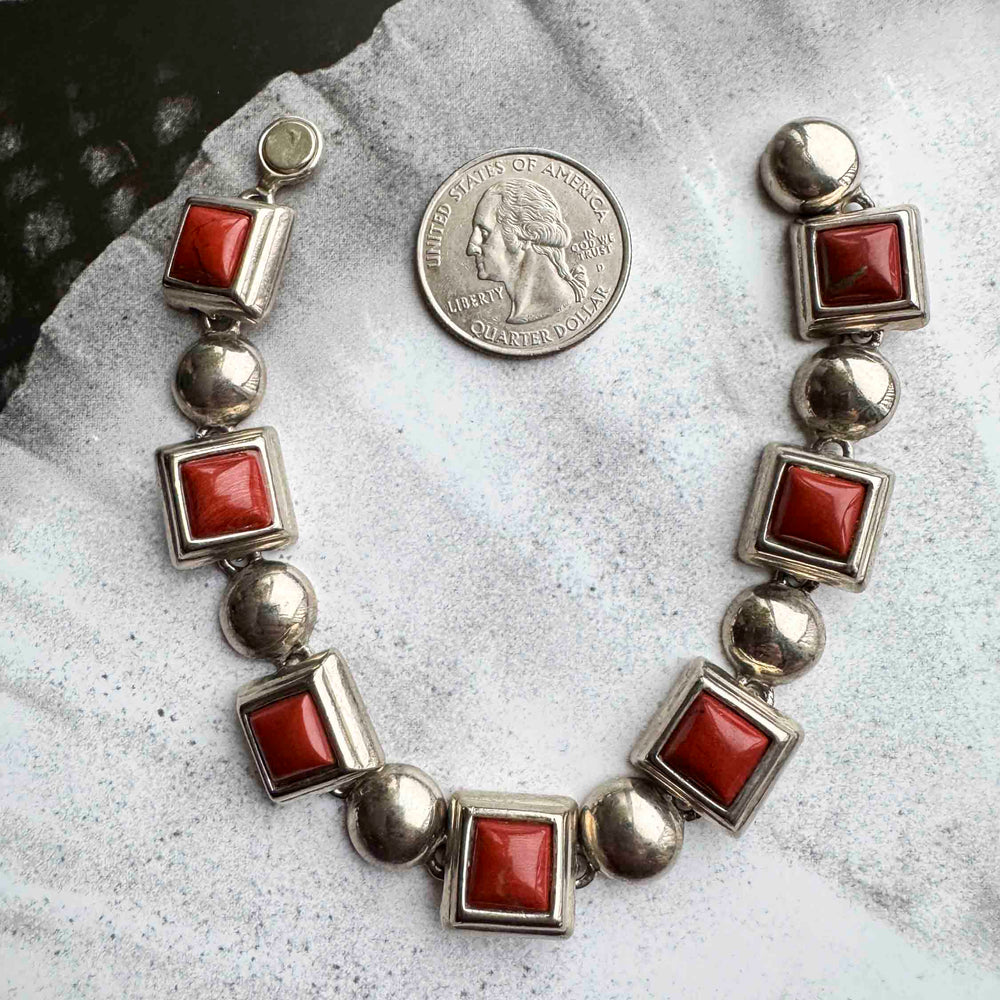 Vintage Sterling Silver & Red Coral Panel Bracelet