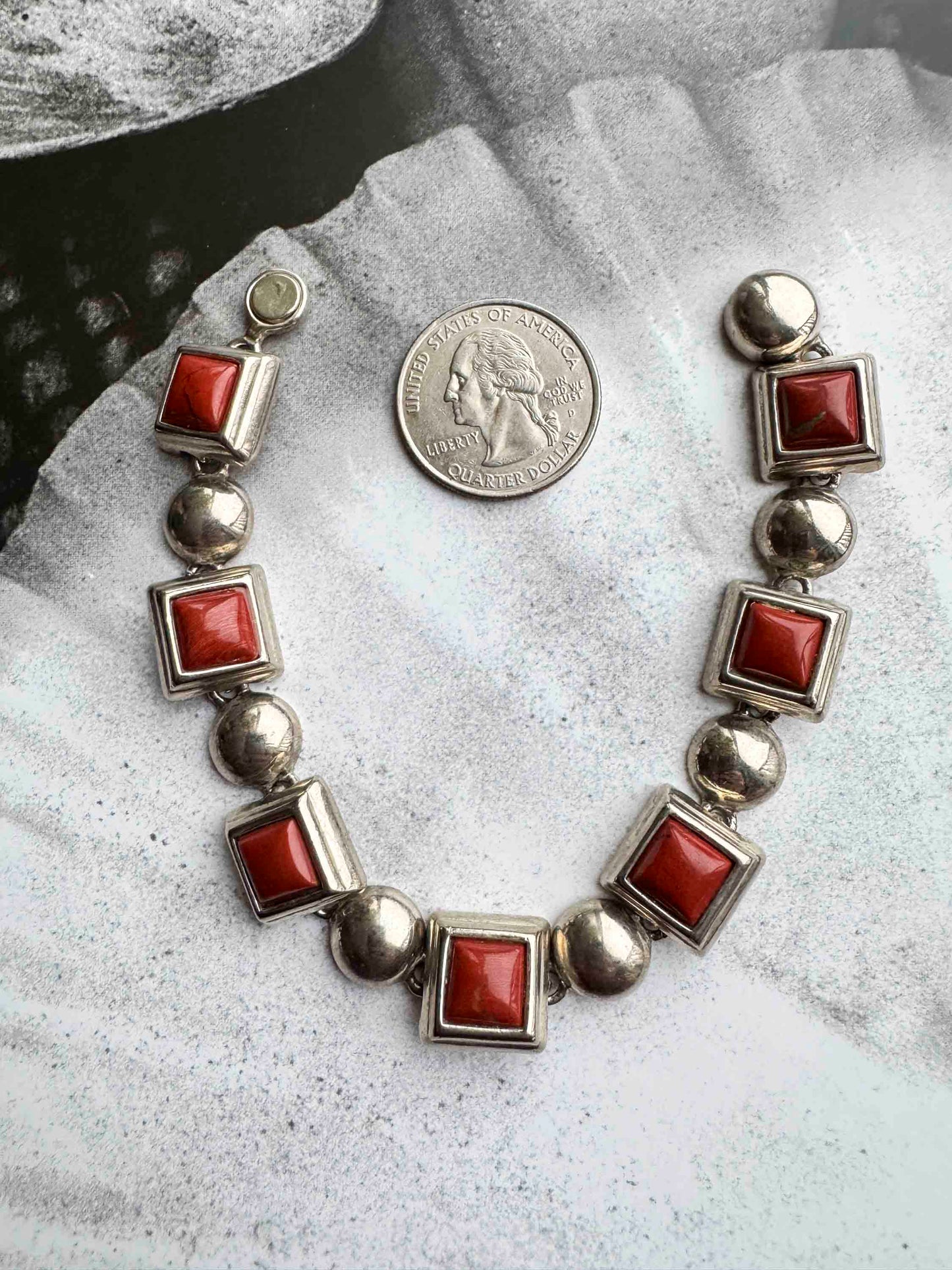 Vintage Sterling Silver & Red Coral Panel Bracelet