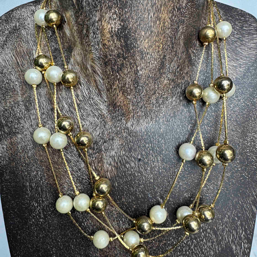 Vintage Layered Gold and Pearl Beaded Necklace