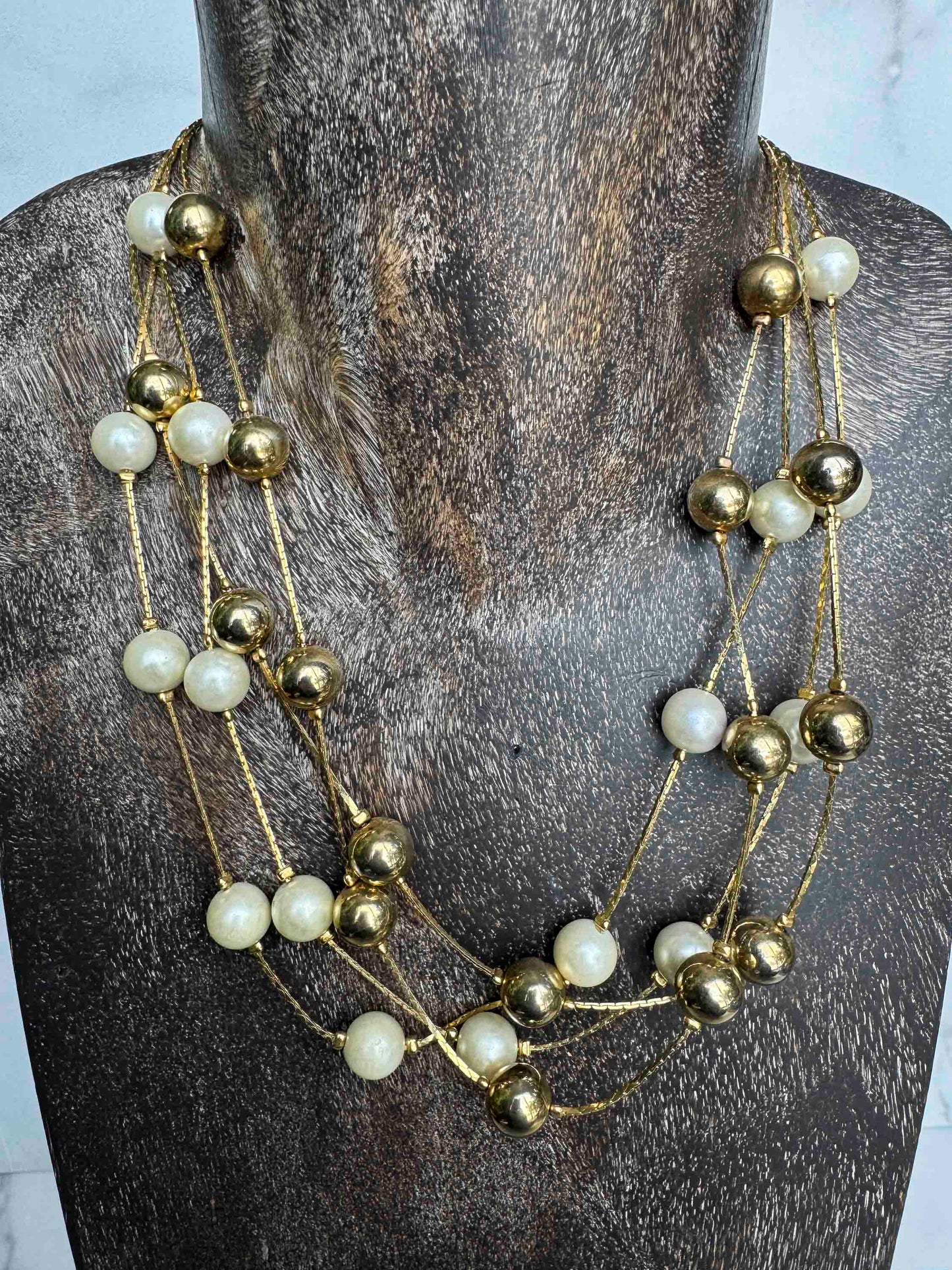 Vintage Layered Gold and Pearl Beaded Necklace