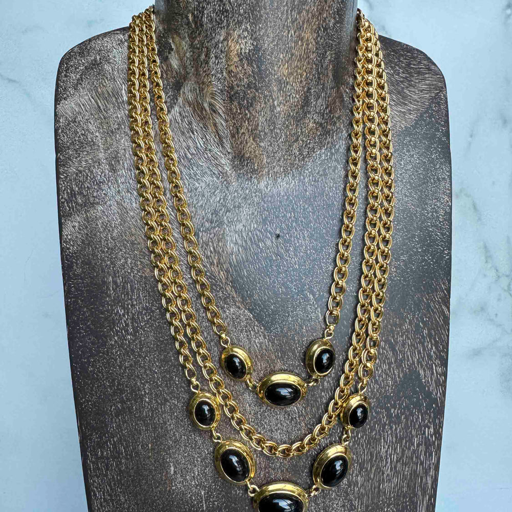 1980s Chunky Gold & Black Onyx Statement Necklace (Signed Monet)