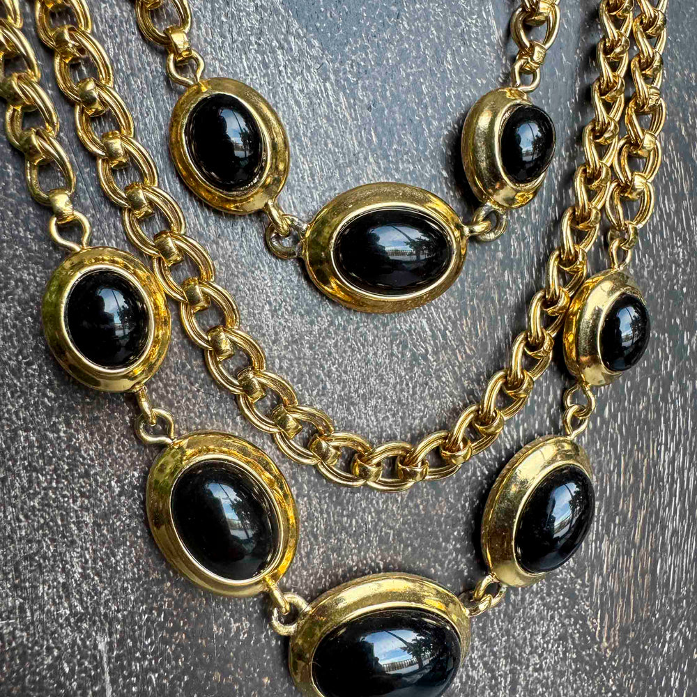 1980s Chunky Gold & Black Onyx Statement Necklace (Signed Monet)