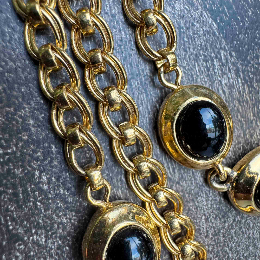 
                      
                        1980s Chunky Gold & Black Onyx Statement Necklace (Signed Monet)
                      
                    