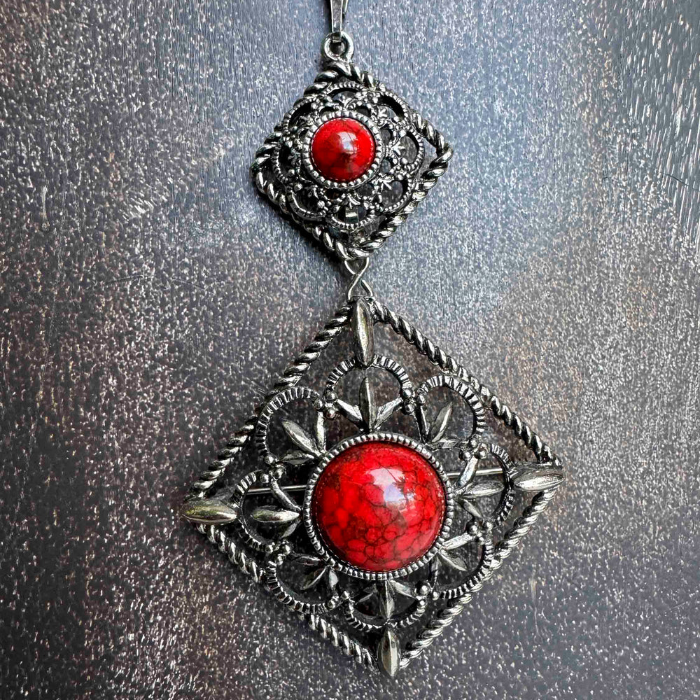 Vintage Silver-Tone Filigree Pendant Necklace with Red Stones