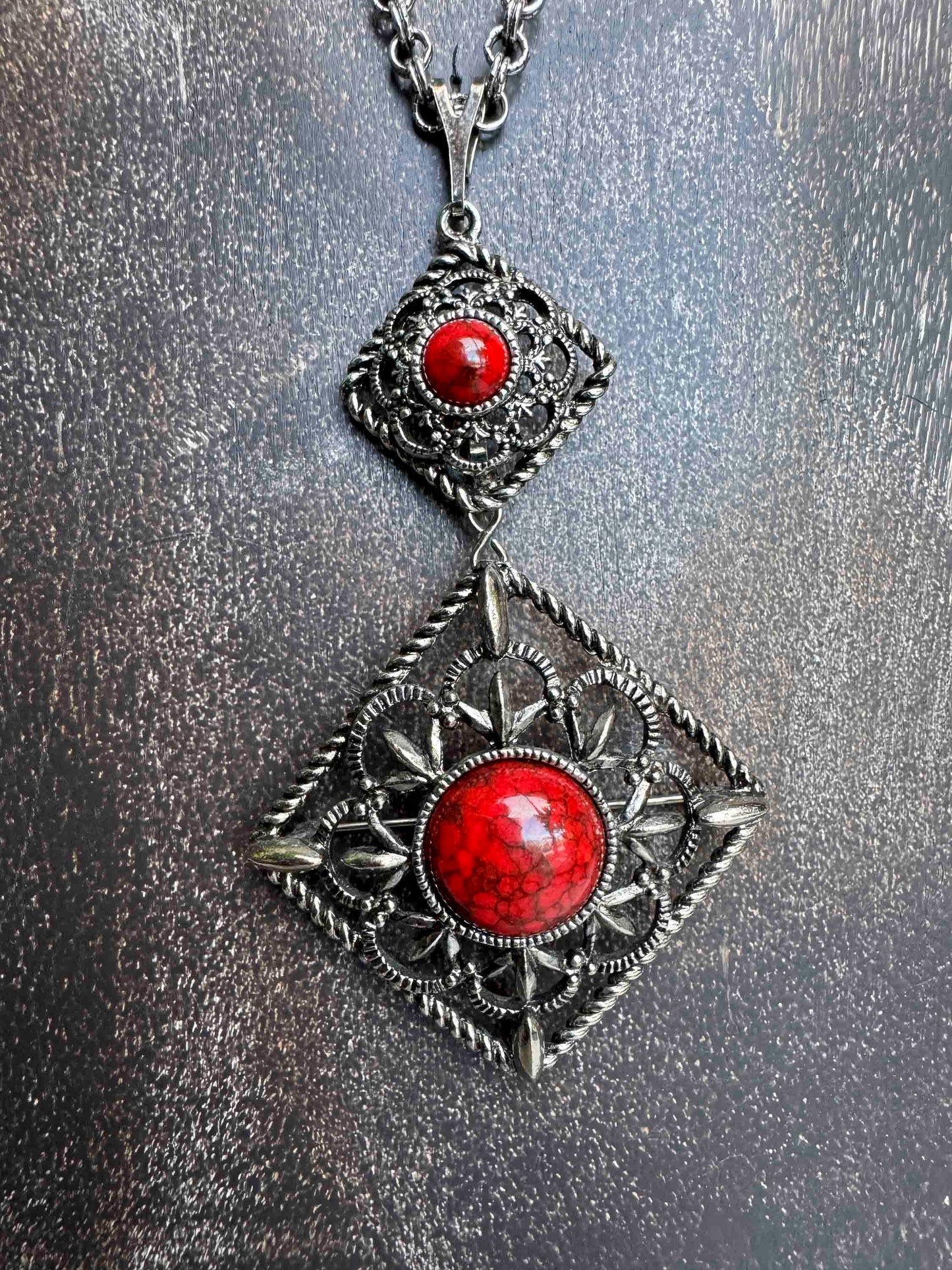 Vintage Silver-Tone Filigree Pendant Necklace with Red Stones