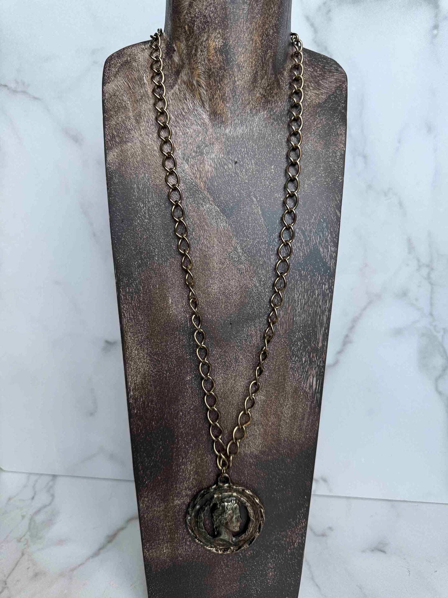 Vintage Bronze Coin Pendant Necklace – Aged Elegance