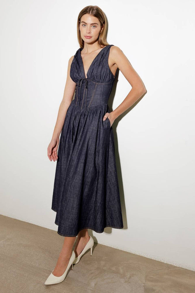 
                      
                        Dark Denim Plunge Midi Dress
                      
                    