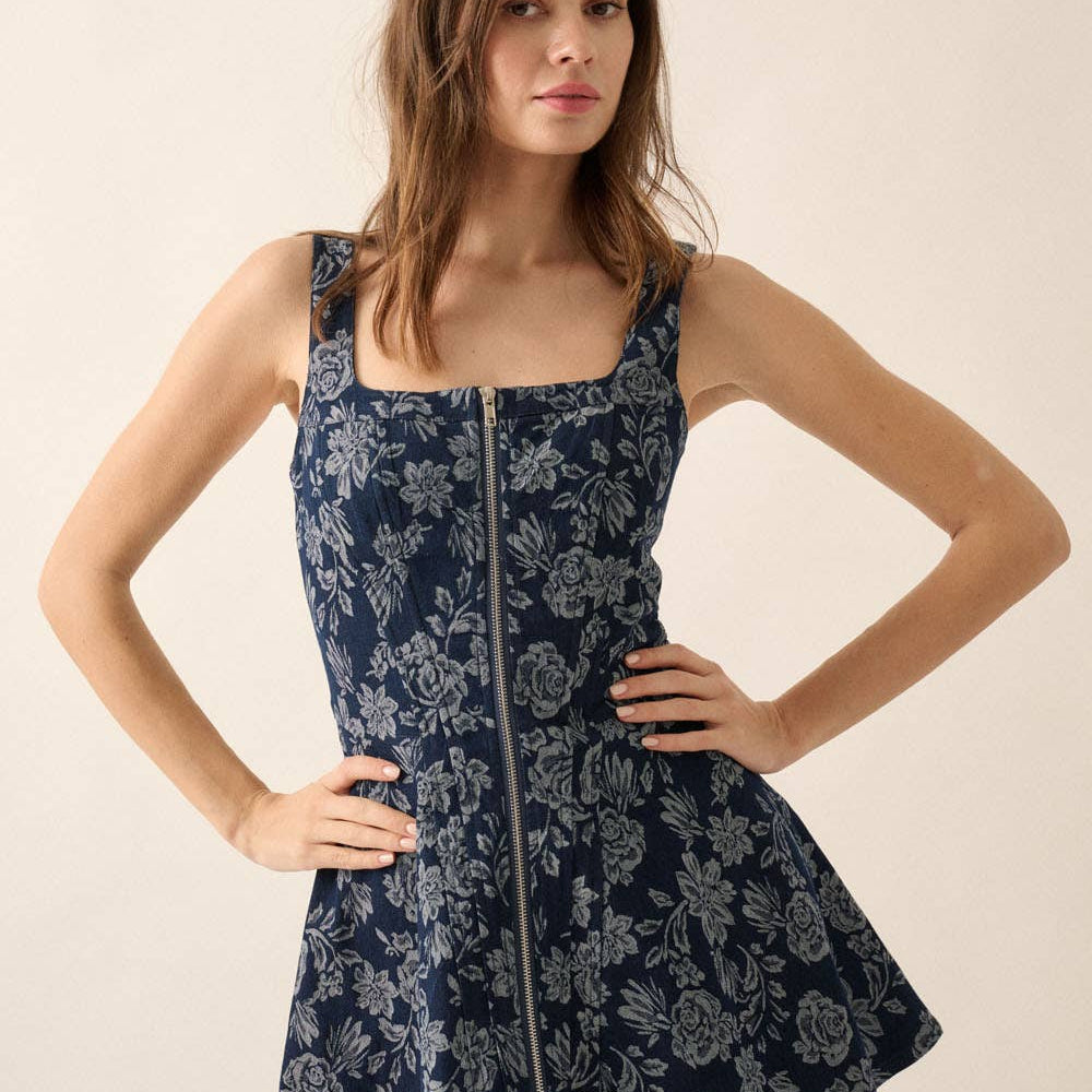 Floral Jacquard Denim Zip-Up Corset Mini Dress