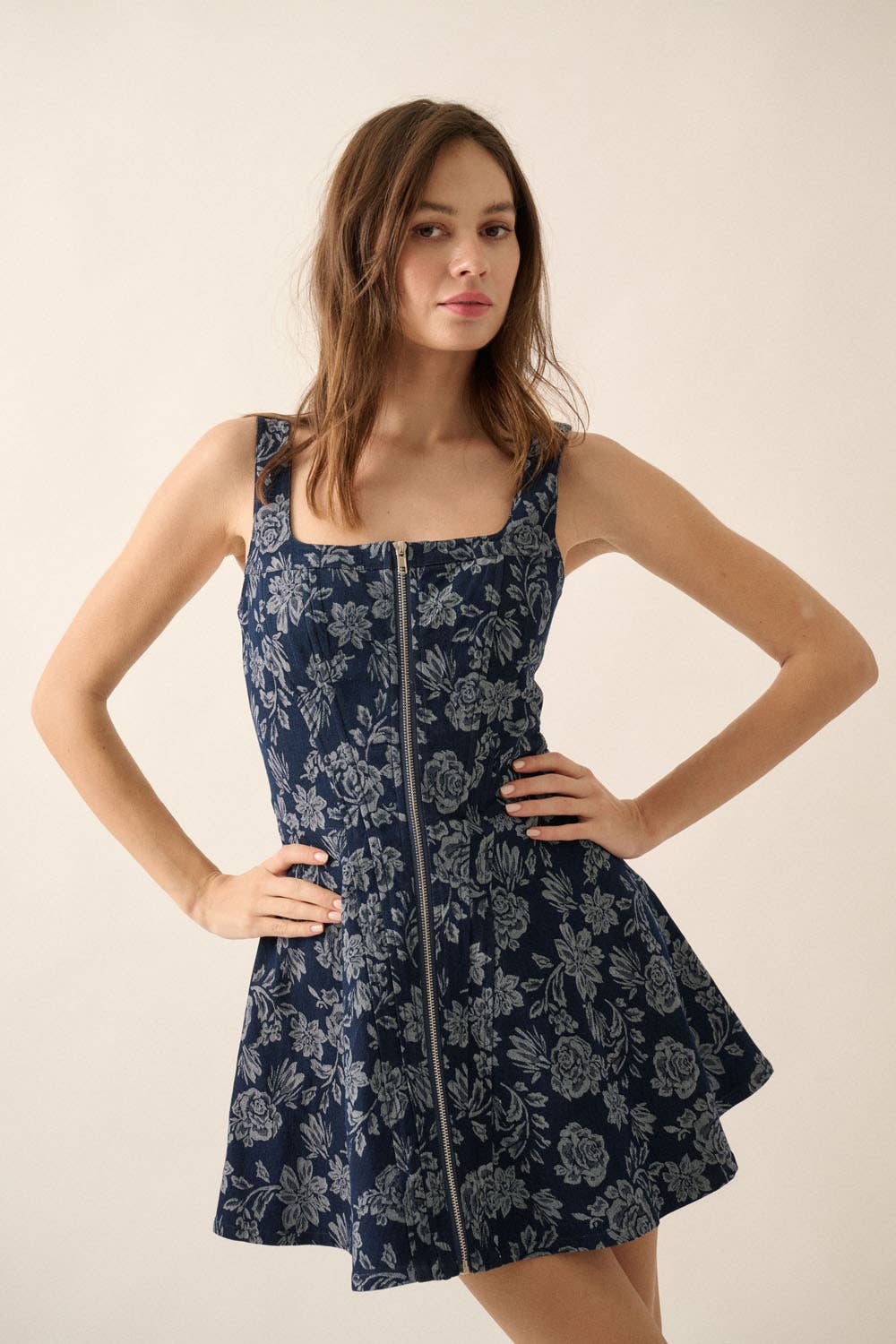 Floral Jacquard Denim Zip-Up Corset Mini Dress