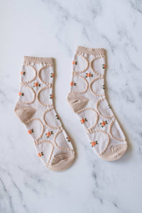 Women's Antique Floral Casual Socks - Beige/Coral