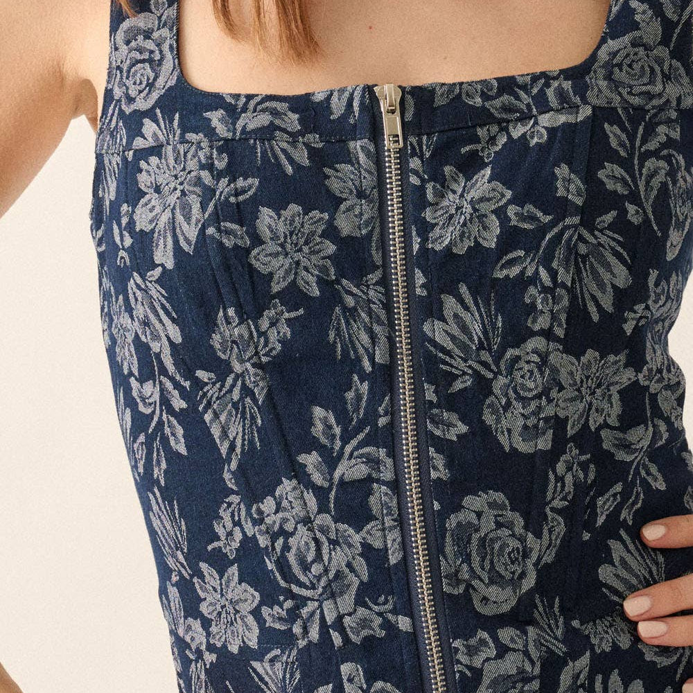 Floral Jacquard Denim Zip-Up Corset Mini Dress