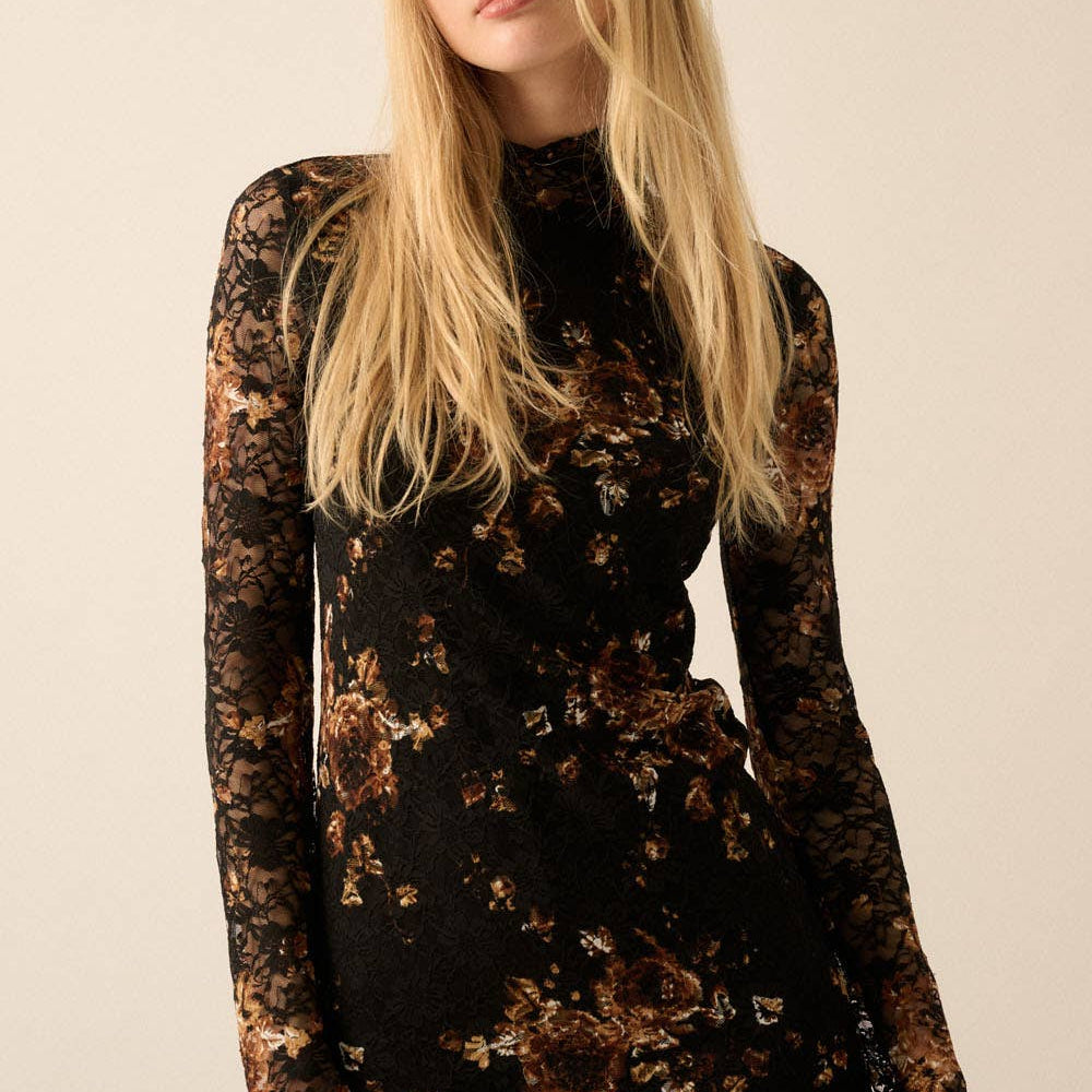 
                      
                        Floral-Print Lace Mock-Neck Long-Sleeve Midi Dress
                      
                    