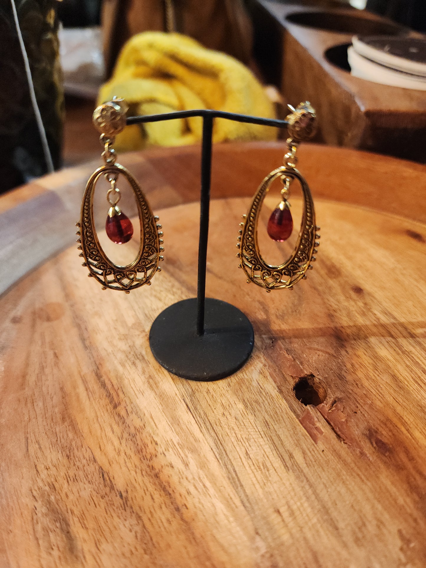 Vintage Drop Earrings with Red Bead